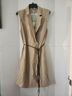 H&M Tie Waist Sleeveless Dress Size Large Tan Linen Blend Button Up NWT 