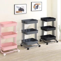 3-Tier Metal Rack Plastic Trays & Casters Comes in Black, Grey, or Pink Color