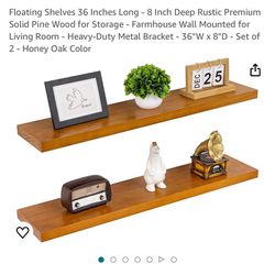 Floating Shelves 36 Inches Long - 8 Inch Deep Rustic Premium Solid Pine Wood for Storage - Farmhouse Wall Mounted for Living Room - Heavy-Duty Metal B