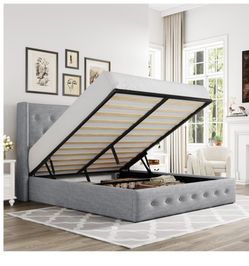Allewie Queen Size Lift-Up Storage Bed Frame | Light Beige