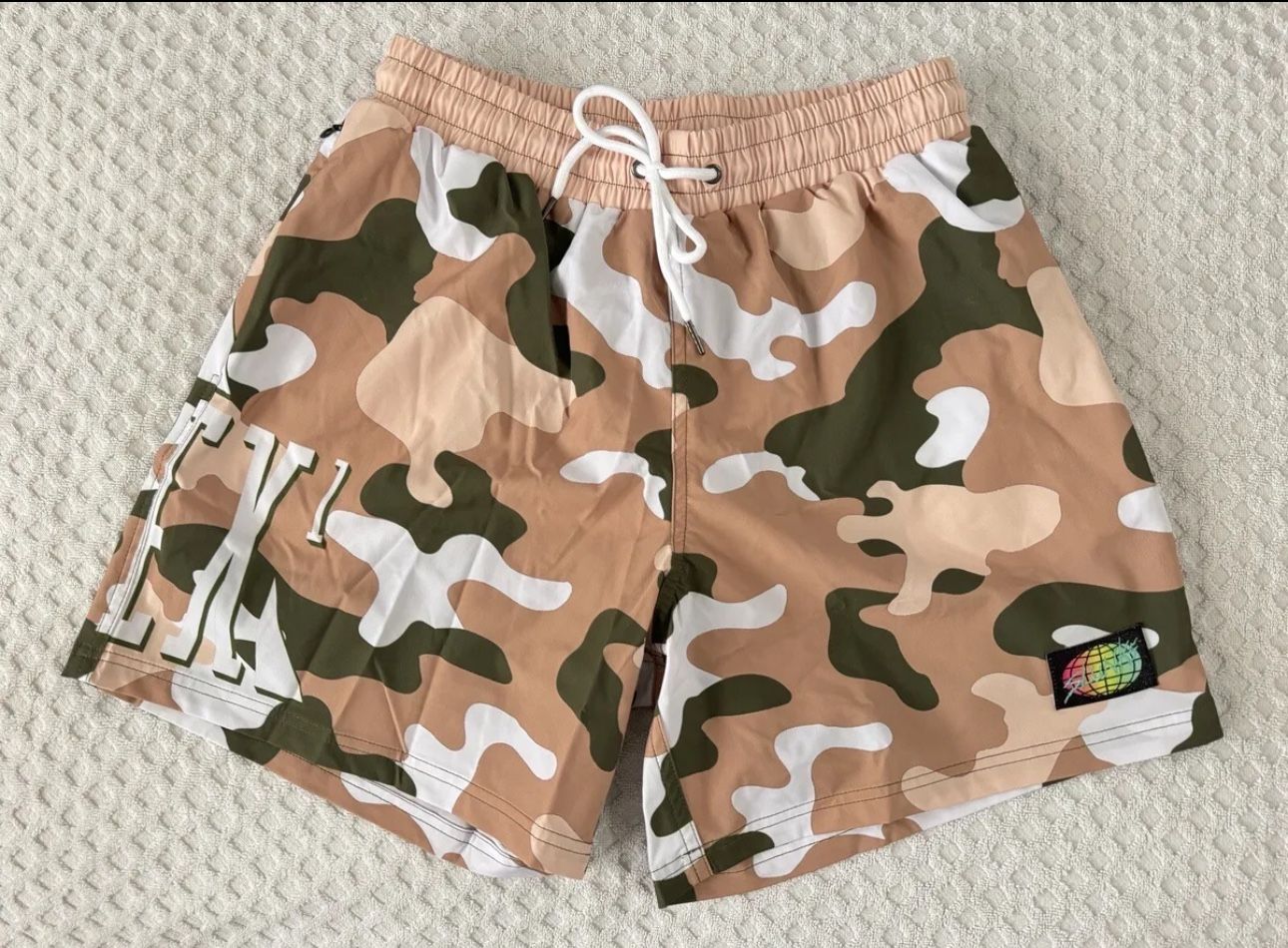SLUNKS Swim Trunks APEX1 Volleyball Beige Tan Olive White Camo Shorts Medium