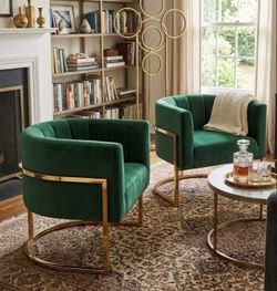 Green Velvet Accent Chairs with Gold Base – Set of 2 green velvet chairs green barrel chairs green velvet furniture brand new in the box