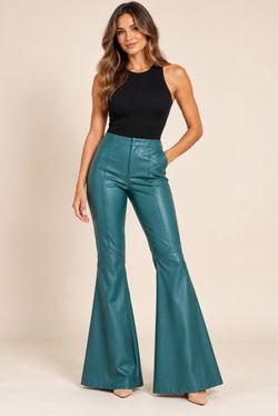 Teal Faux Leather High-Waist Flare Pants