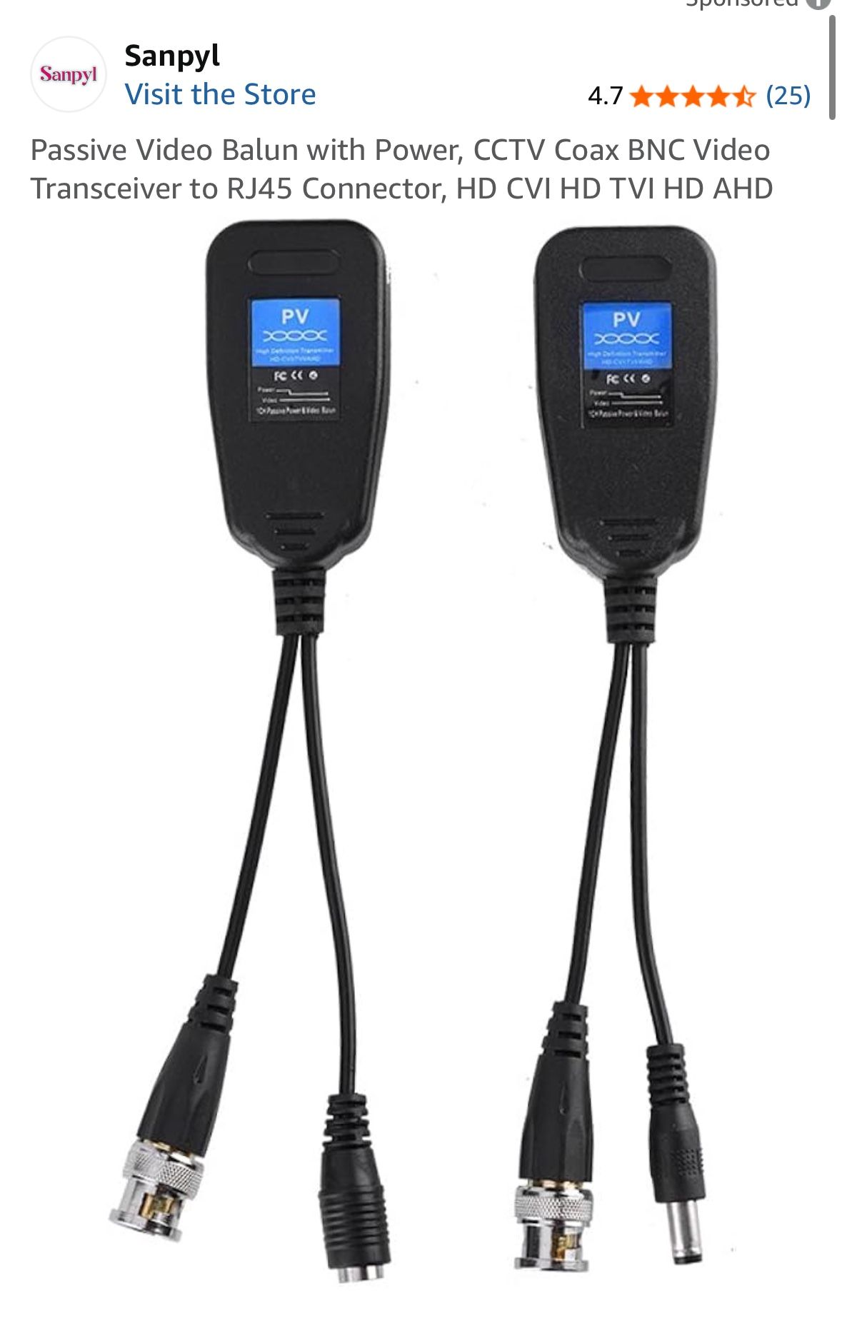 Passive Video Balun with Power, CCTV Coax BNC Video Transceiver to RJ45 Connector, HD CVI HD TVI HD AHD