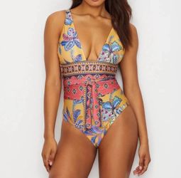 Becca One-Piece Swimsuit Tapestry Bloom Wrap Waist Yellow Boho Size Medium | 6/8