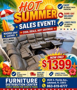 Limited time sale. Madrid gray leather reclining sectional only $1399. Easy finance option. Same-day delivery.