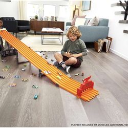 Hot Wheels Toy Car Playset , Super 6-Lane Raceway, 8-foot Track that Rolls Up for Storage