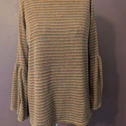 Jodifl Womens Knit Bell Sleeve Crew Neck Check Sweater
