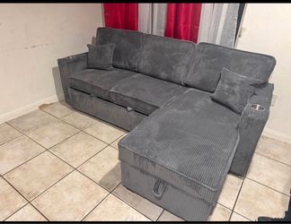 Gray Corduroy Sectional Sofa with Storage Chaise