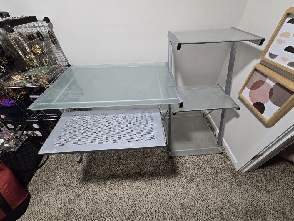 Multi Tierd Metal And Brush Glass Computer Desk 