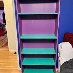 Hand-Painted Purple & Teal Tall Bookcase – Bold, Eclectic Statement Piece
