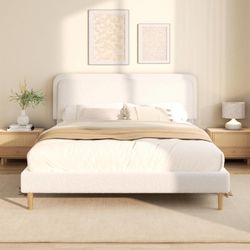 King Size Boucle Platform Bed Frame with Adjustable Headboard (3 Heights), Upholstered Cloud Bed, Soft Rounded Corners, No Box Spring Needed, Easy Ass