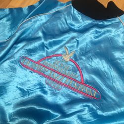 Vintage 80s Playboy Jazz Festival '88 Satin Bomber Jacket XL rare neon Blue rap embroidered bunny logo