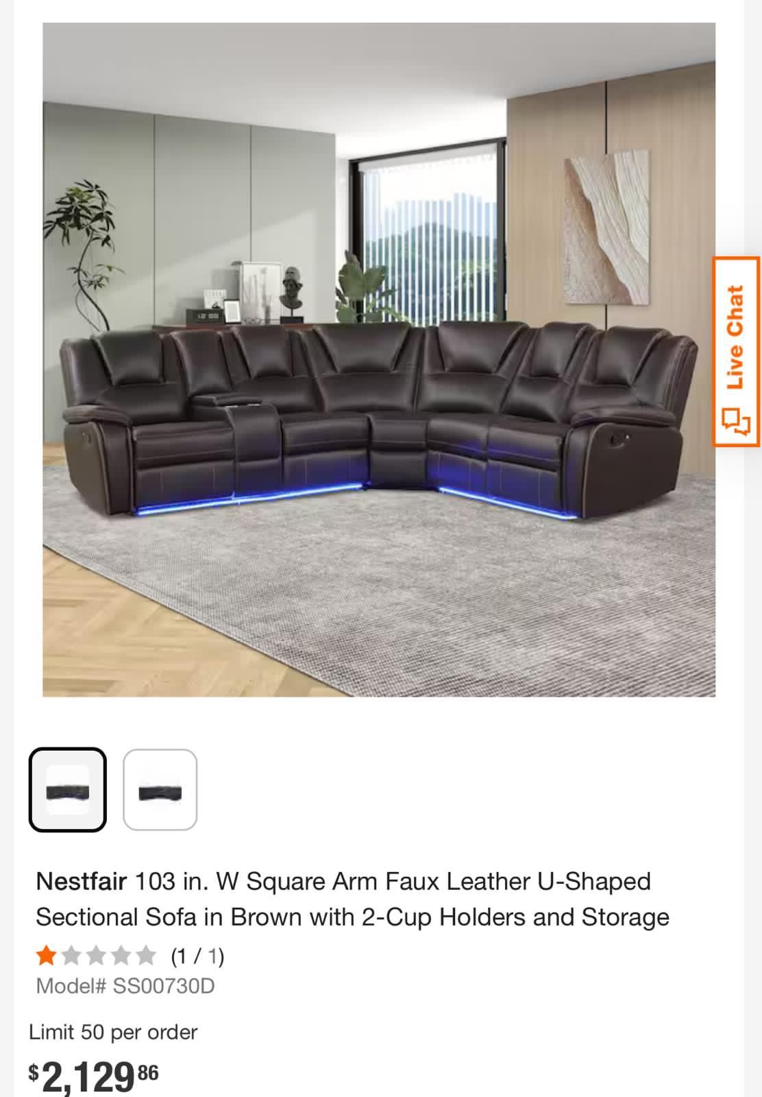 Nestfair 103 in. W Square Arm Faux Leather U-Shaped Sectional Sofa in Brown with 2-Cup Holders and