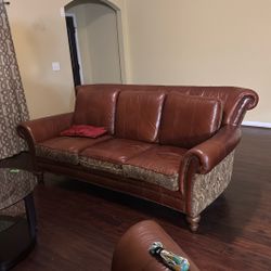 Elegant Leather & Brocade Sofa — Timeless Style & Comfort