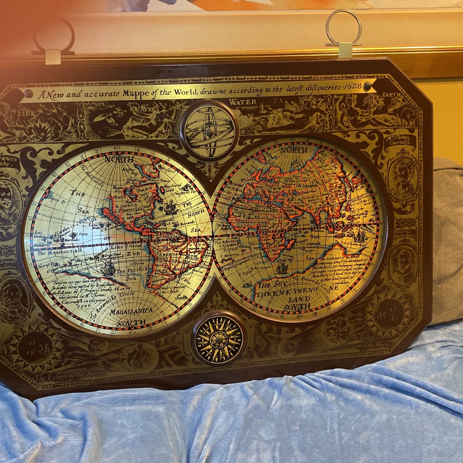 1964 Masketeers Large Brass and Wooden Map of The World In 1628