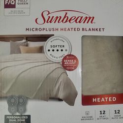 NEW SUNBEAM QUEEN ELECTRIC HEATED BLANKET BEIGE MICROPLUSH SOFT 2-CONTROL WASHABLE GIFT WINTER HEAT