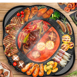 2 in 1 Hot Pot with Grill, Electric Korean BBQ Grill, Independent Dual Temperature Control & Non-stick Pan,