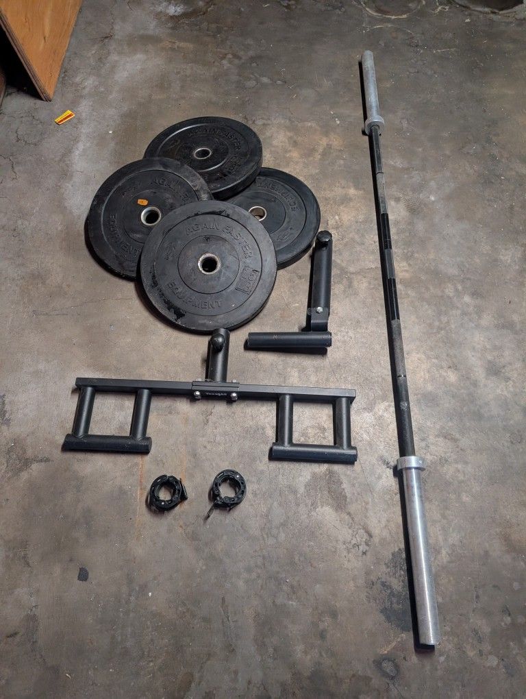 45lb barbell 80lb Bumper Plates, Land Mine Setup, Clips
