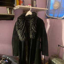 Black Suede Coat with Faux Fur Collar