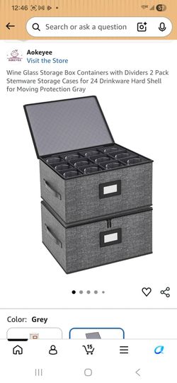 Wine Glass Storage Box Containers with Dividers Pack 2 Stemware Storage Cases for 24 Drinkware Hard Shell for Moving Protection Gray