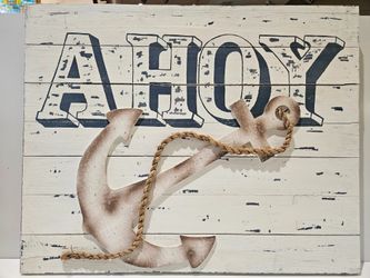 Ahoy Nautical Anchor Wall Decor Rustic Wooden Coastal Beach House Hanging Sign