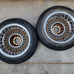 Vintage Pair 14" Chrome & Gold Wire Spoke Wheels 5 Lug 14x7" Rim