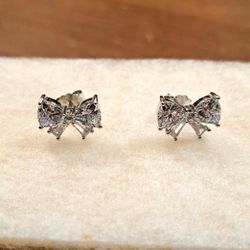 "NEW " Beautiful Sterling Silver Bow & Ribbon Earrings With Cubic Zirconia-Perfect Gift For Valentines Day 💝 