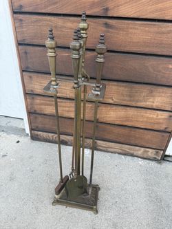 Vintage Brass-Plated Steel Fireplace Tool Set with Stand