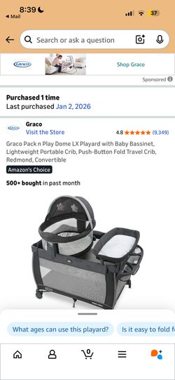 BRAND NEW IN THE BOX Graco Pack n Play Dome LX Playard with Baby Bassinet, Lightweight Portable Crib, Push-Button Fold Travel Crib, Redmond, Convertib
