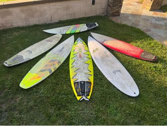 Surfboards.  JS. Lost mayhem. LaBreau.  Inflight. Short boards and 7’ soft top