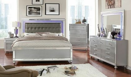 Brand New Silver Gray 4pc Queen Size  Bedroom Set Built-in LED Lights