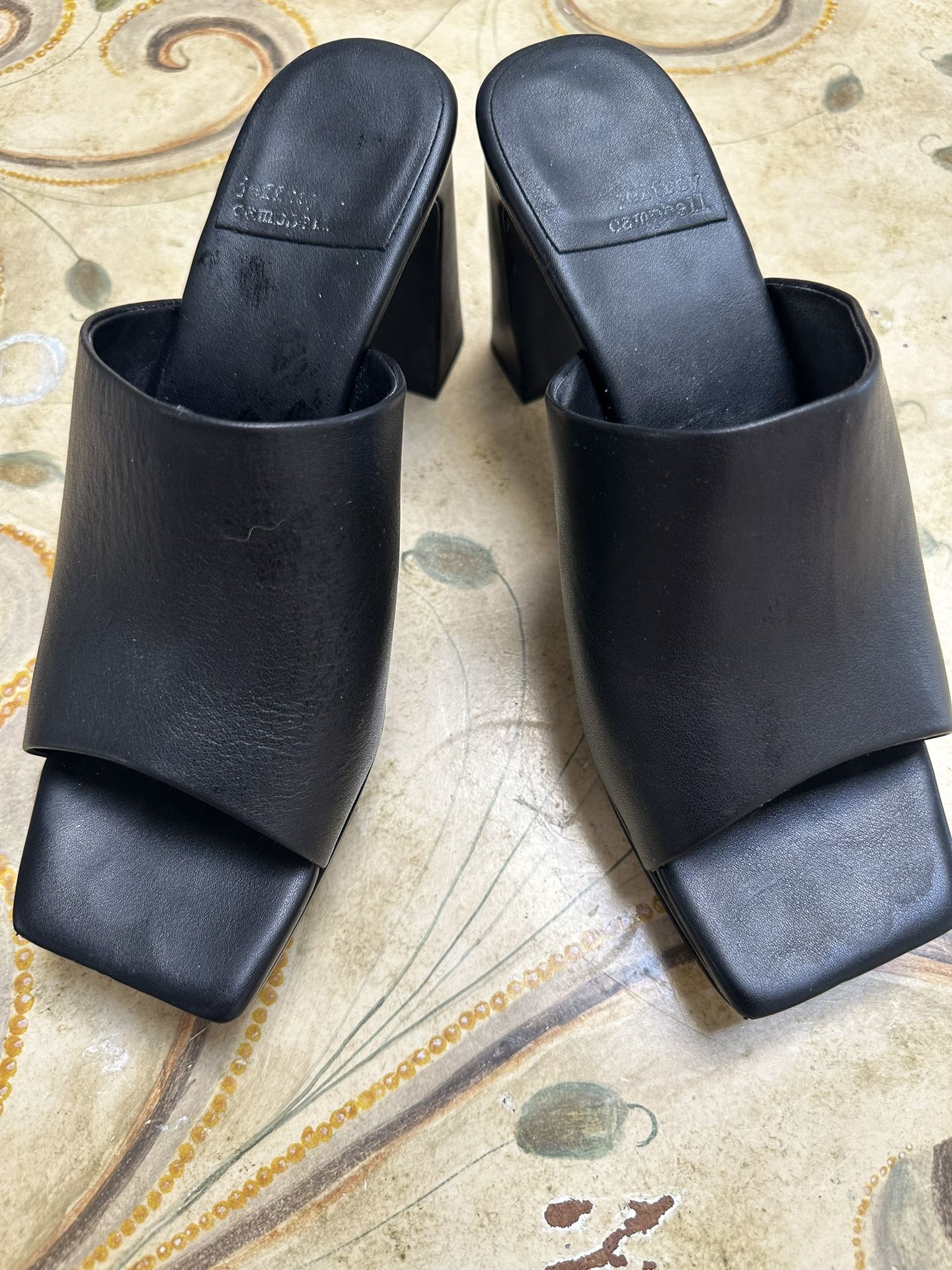 Jeffrey Campbell Black Leather Block Heels – Size 8, 4” Square Toe Mules