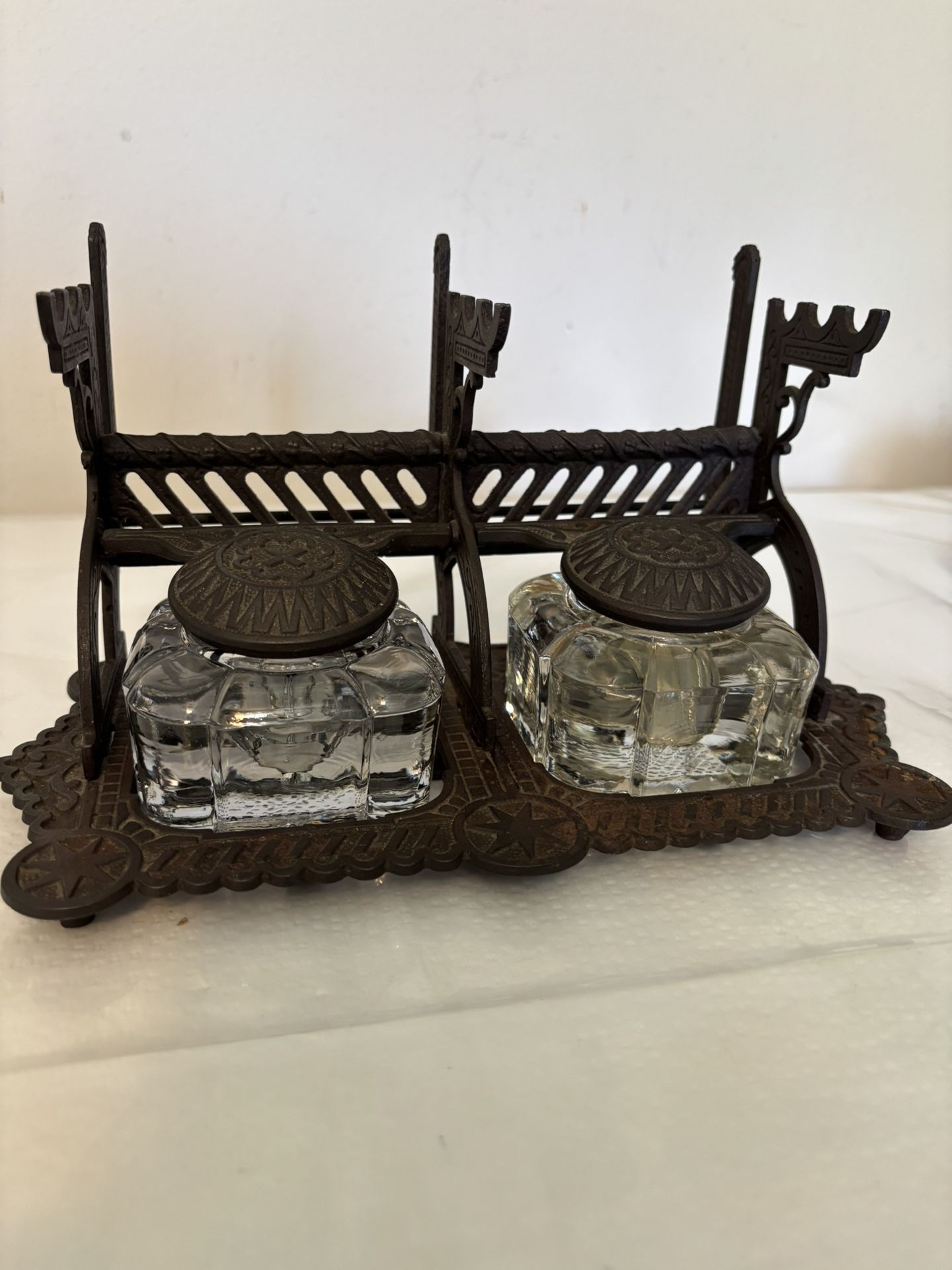 Antique Inkwell Double Matching Pot Glass Inkwell Cast Iron PRISTINE!