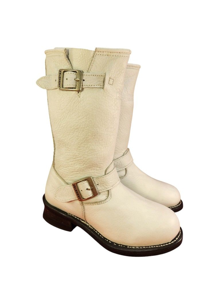 XELEMENT X ELEMENT LU2567 WHITE LEATHER ENGINEER BUCKLES BIKER BOOTS SIZE 8M EUC