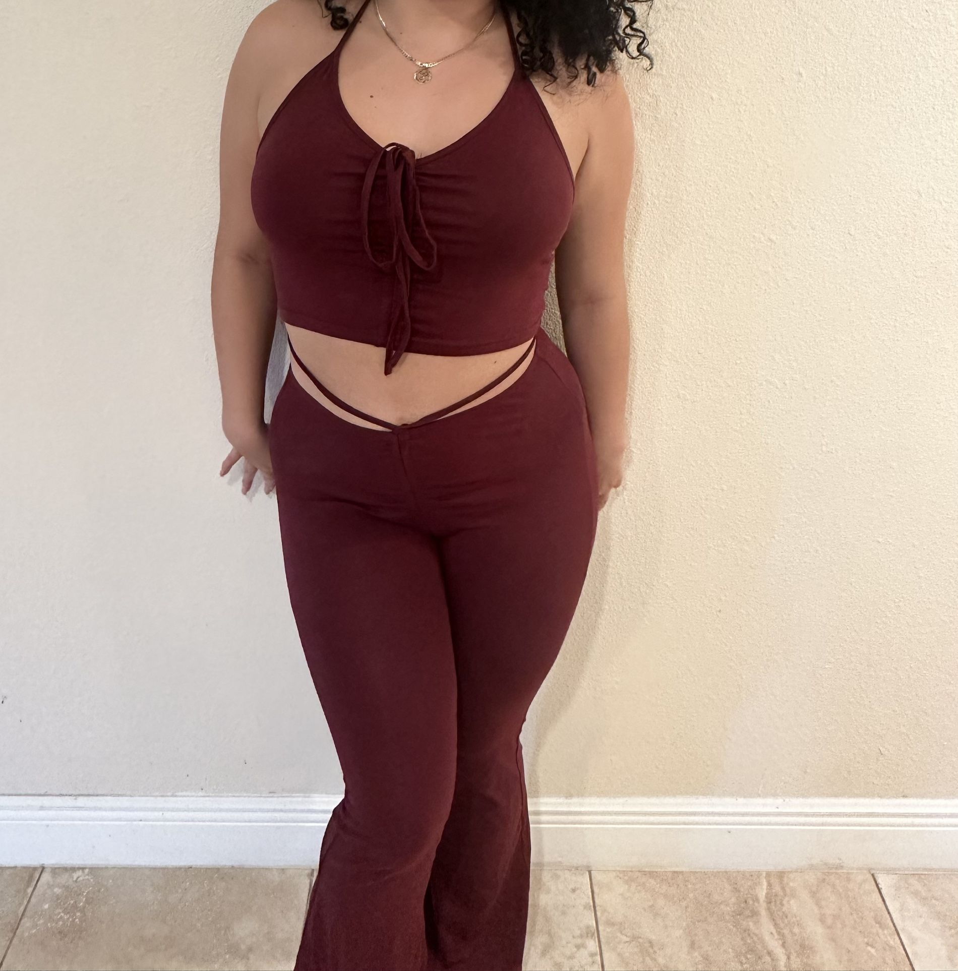 Shein Drawstring Knot Tied Backless Halter Top & Crisscross Pants Set