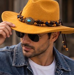 Yellow Felt Western Cowboy Hat with Beaded Band