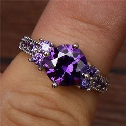 925 Sterling Silver Purple Faux Amethyst Micro Inlaid Ring - Size 6