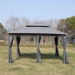 13x10 Outdoor Patio Gazebo Canopy Tent With Ventilated Double Roof And SideWall(Detachable Curtain Included On All Sides),Suitable for Lawn, Garden, B