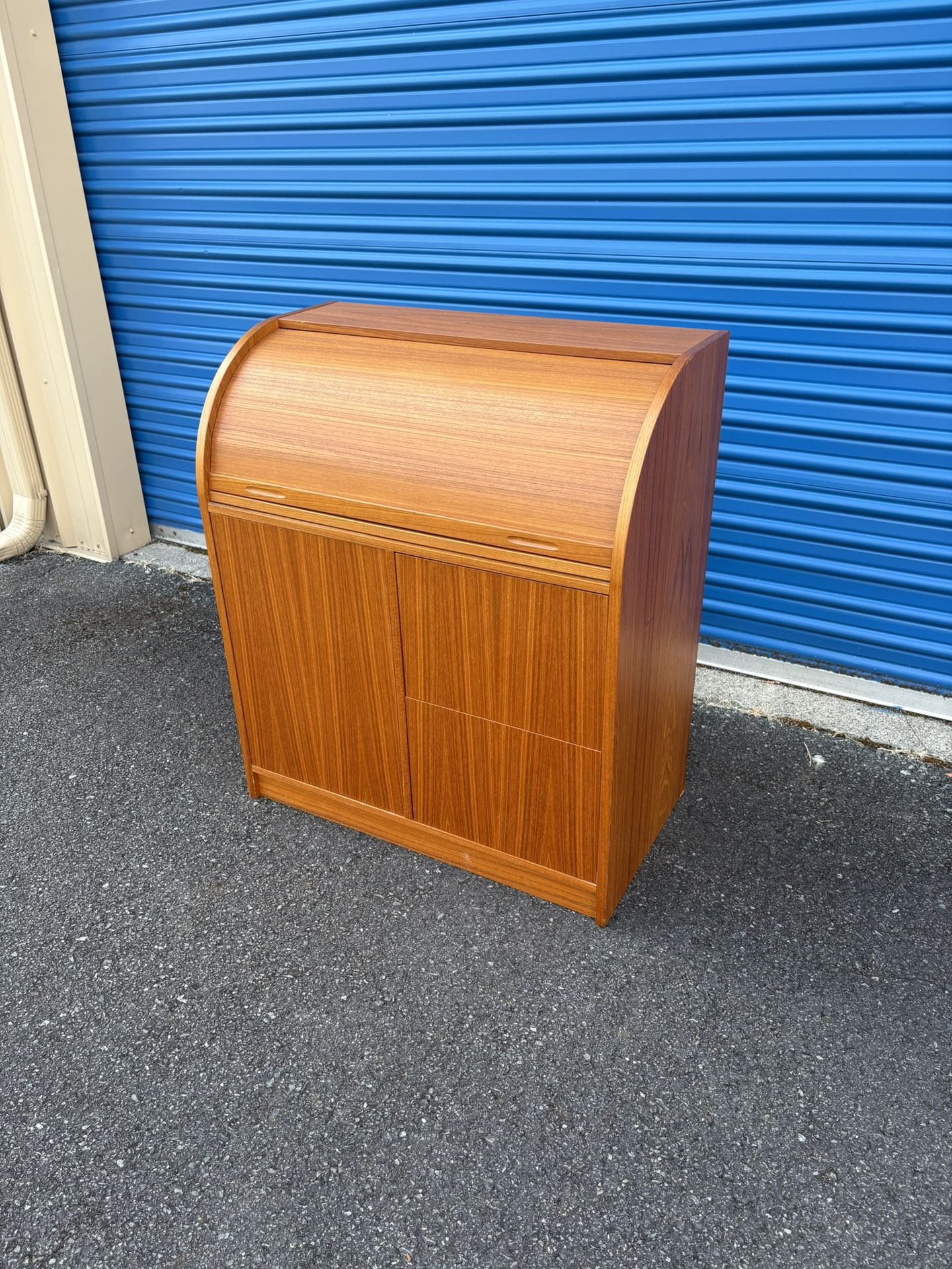 Mid Century Modern Teak Roll Top Secretary Desk