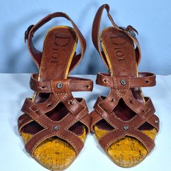 Dior Brown Logo Coin Strap Heels 38 1/2