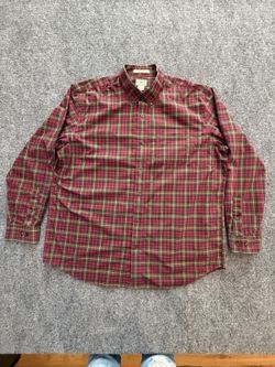 LL Bean Shirt Mens Large Red Green Plaid Wrinkle Free Traditional Fit Cotton