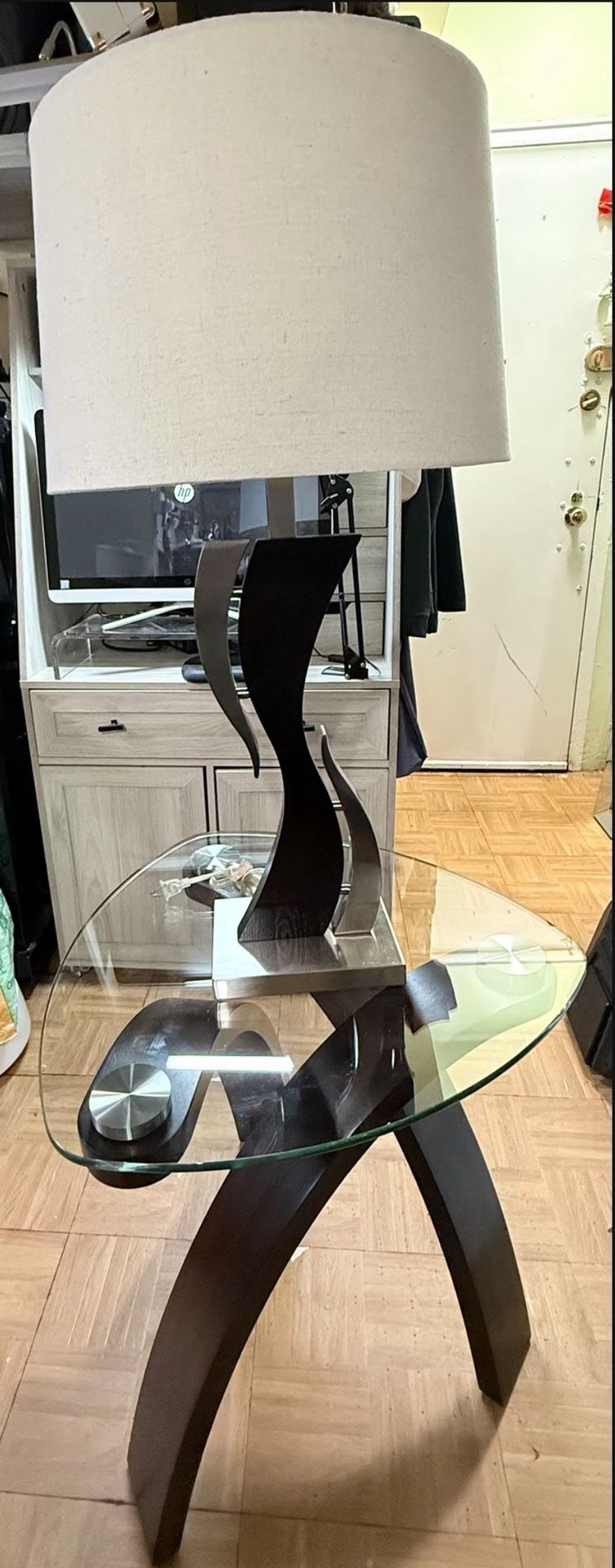 Raymour & Flanigan Allure Pie Shaped Glass Coffee Table & Anthony Lamp
