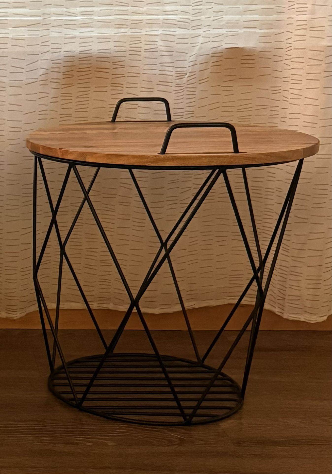 Modern Wire Basket Side Table with Wood Top