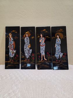 Vintage Handmade Signed 4 Panel Asian Wood Hand Painted Abalone Shell Art Pictures
