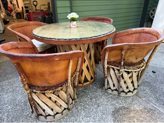5-Piece Mexican Equipal Leather Table and Chairs Set