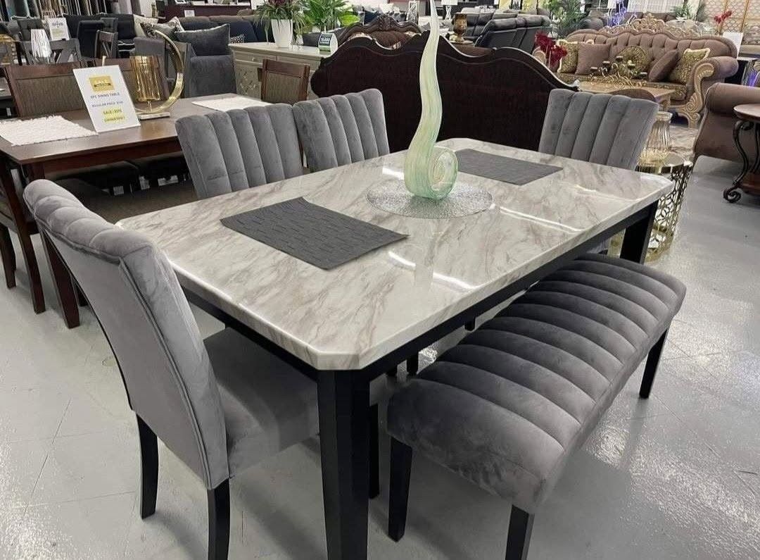 ✅️✅️ 5 pc Pascal black wood finish faux marble top dining table set grey fabric (Bench not included)✅️✅️