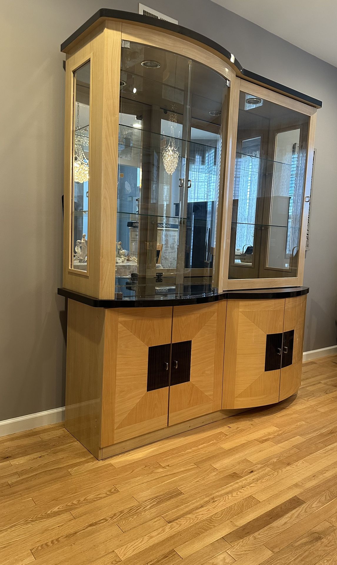 China Cabinet, Beijing Black Glass Shelves Lighting In China Cabinet
