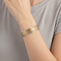 14K Tri Color Gold Diamond Cut Matching Bangle Bracelet Set - With Slight Dent On Them