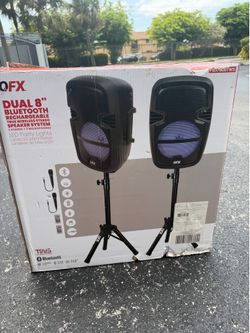 QFX PBX-808TWS Dual 8” Bluetooth Speaker System w/ Stands & Microphones